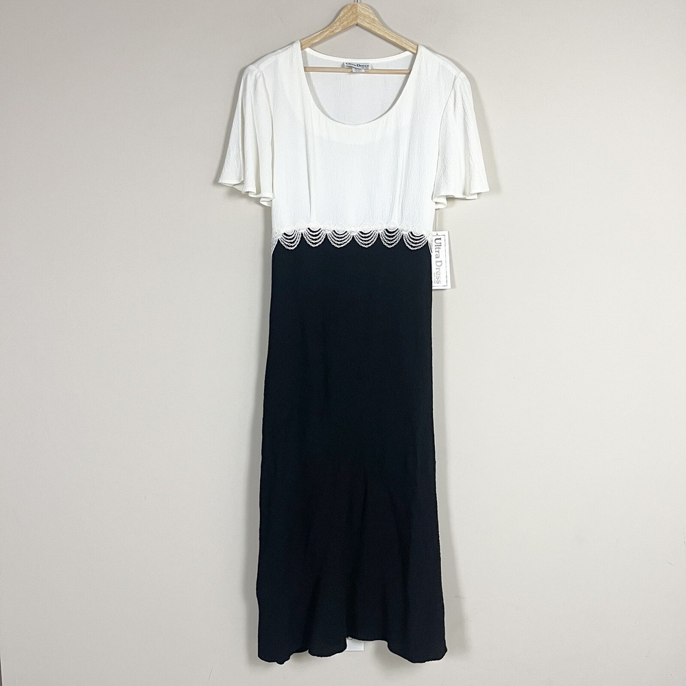 Ultra Dress New York Vintage Maxi Dress Black Cream Embroidered Tie Waist 12 NWT